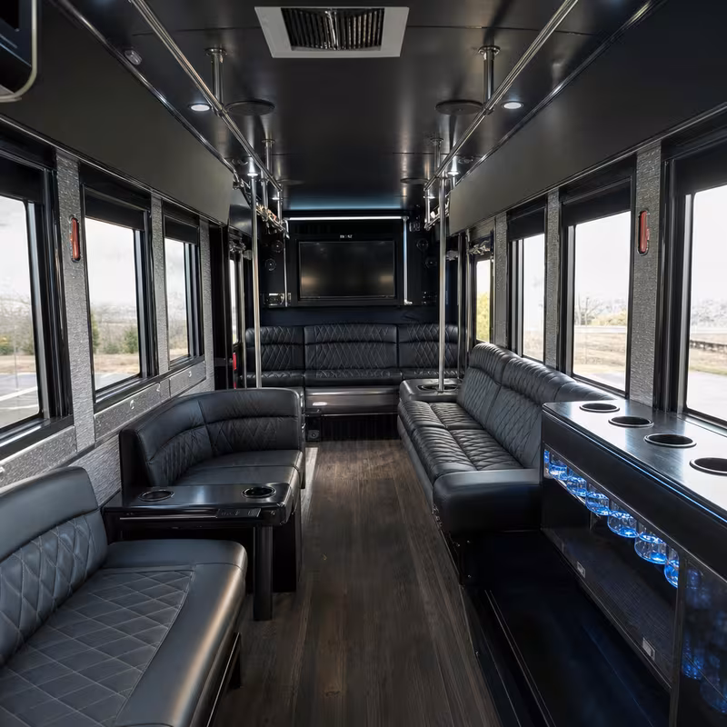 Passenger watching the Dallas scenery during a regional party bus road trip
