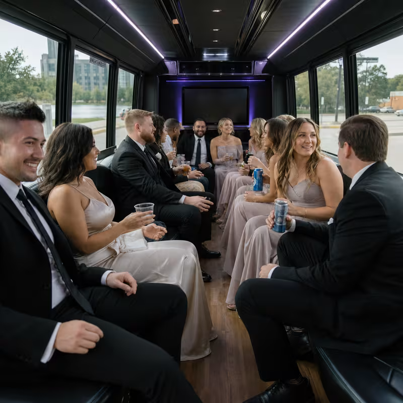 Wedding guests seated inside a Dallas party bus
