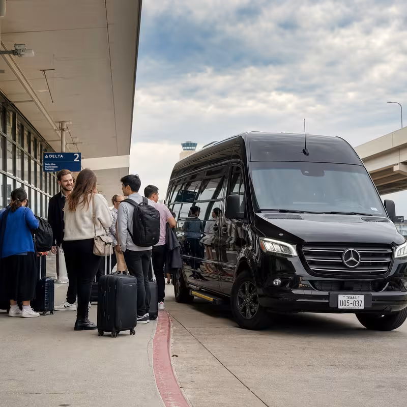 Group boarding a white charter bus for Airport Transportation transportation in Dallas
