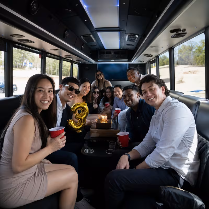 Black Mercedes Sprinter van staged for an Dallas Birthday Transportation group