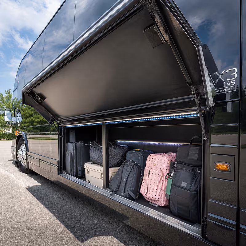 Party bus interior with wraparound leather seating and LED lighting in Dallas